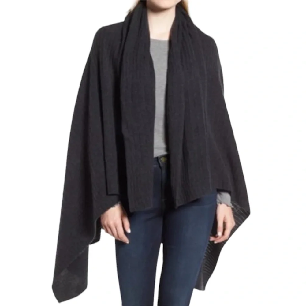 NORDSTROM HALOGEN 100% Cashmere NEW Charcoal Gray Ribbed Soft Wrap Scarf